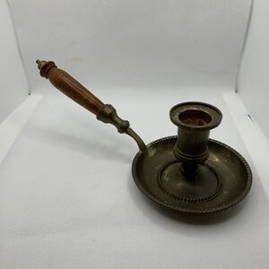 Vintage Brass With Turned Wood Handle Chamber Candle Stick Holder
